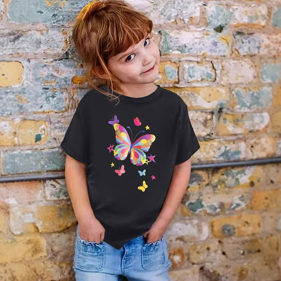 Tfken Tee For Girls Toddler Breathable Butterfly Print Crew Neck Tops Short Sleeve Soft Black T-Shirts Size 6-7 Years