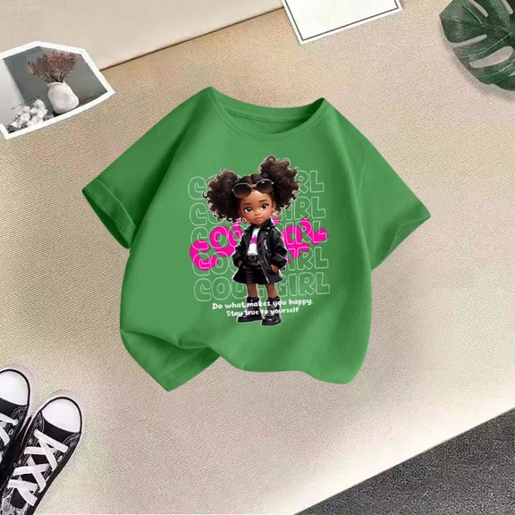 Tfken Tee For Girls Toddler Size 9-10 Years Cartoon Print Short Sleeve T-Shirts Fashion Crew Neck Green Tops