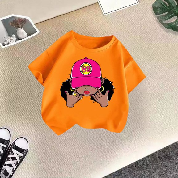 Tfken Tee For Girls Toddler Size 9-10 Years Cartoon Print Short Sleeve T-Shirts Fashion Crew Neck Orange Tops