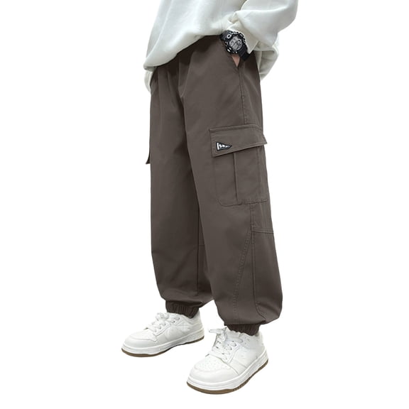 Tfken Teen Big Boys Pants Straight-Leg Solid Color Outdoor Comfortable Brown Cargo Pants Size 13-14 Years