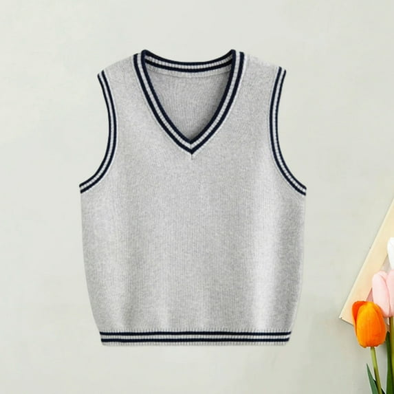 Tfken Teen Boys Sweater Vest Retro Solid Color School Uniform V-Neck Varsity Sweater Grey Size 14-15 Years