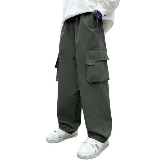 Tfken Teen Cargo Pants For Big Boys Size 13-14 Years Solid Color Mid Straight-Leg Cozy Outdoor Army Green Pants