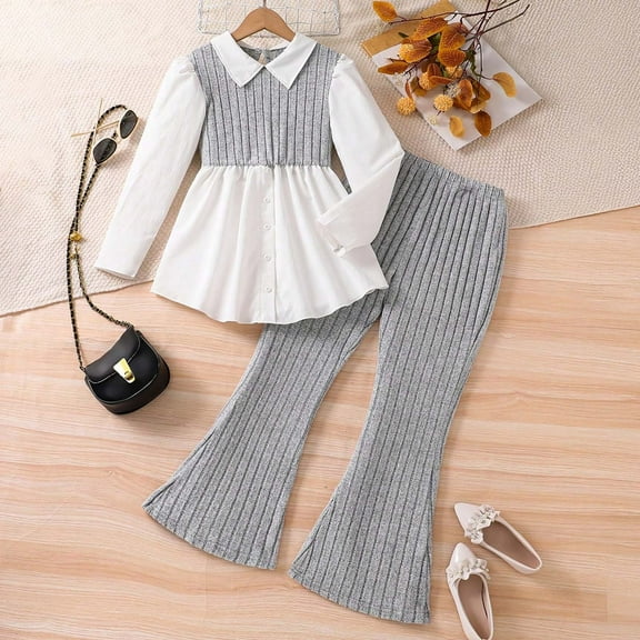 Tfken Teen Girls Outfit Set Size 8-9 Years Long Sleeve Patchwork Top Pant Pit Stripe Leisure Grey Clothing Sets