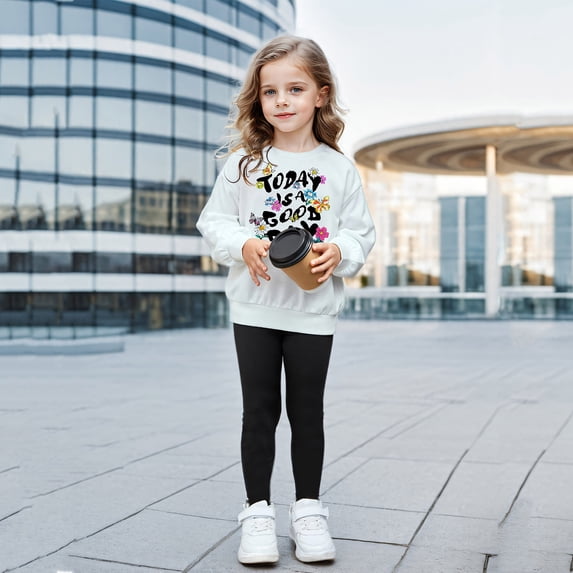 Tfken Girls Outfits Sets Crew Neck Leisure Letter Print Sweatshirt Slim-Leg Pant Breathable Clothing Set White Size 7-8 Years