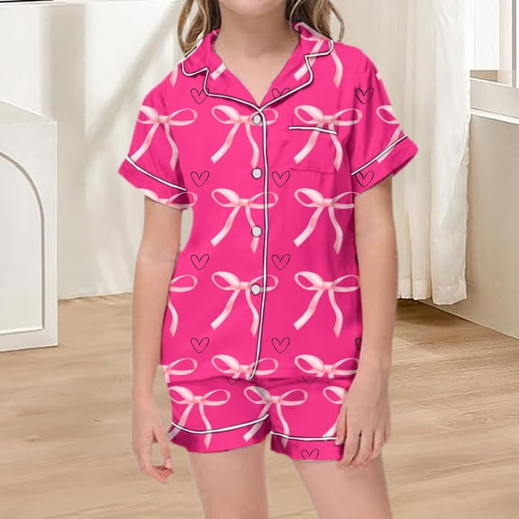 Tfken Teen Girls Pajama Sets Bow Print Short Sleeve Birthday Gift 2Pc Summer Nights Pink Sleepwear Set Size 10 Years-11 Years