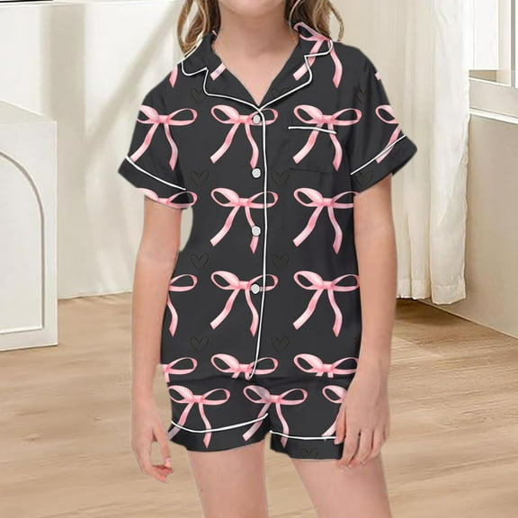 Tfken Teen Girls Pajama Sets Lapel Neck Short Sleeve Bow Print 2Pc Cute Easy Wash Sleepwear Set Size 2 Years-3 Years Black