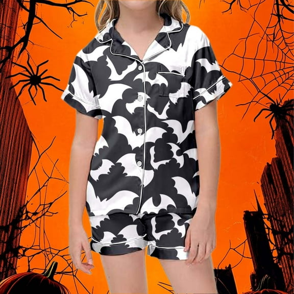 Tfken Teen Girls Sleepwear Size 2 Years-3 Years Halloween Baby Clothes Bat Print Short Sleeve Short 2Pc Comfortable Light Gray Outfits