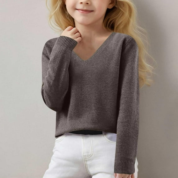 Tfken Teen Girls Sweater Soft Solid Color Comfortable V-Neck Pullover Sweater Coffee Size 12-13 Years