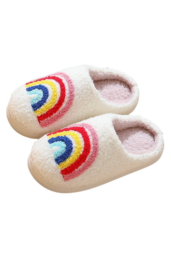 Teen Unisex Girls Boys Slippers Size 7-9 Years Winter Open-Heel Rainbow Print Flock Multicolour House Shoes