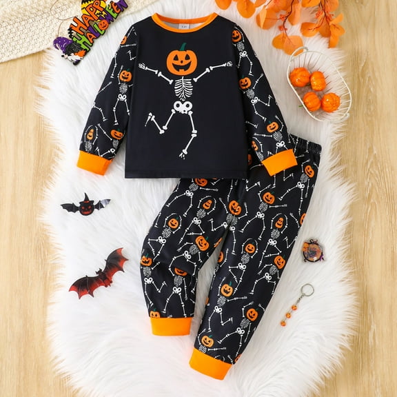 Tfken Teen boys Sleepwear Size 1-2 Years Loose Bone Print Long Sleeve Pants Set Halloween Fashion Black Outfits