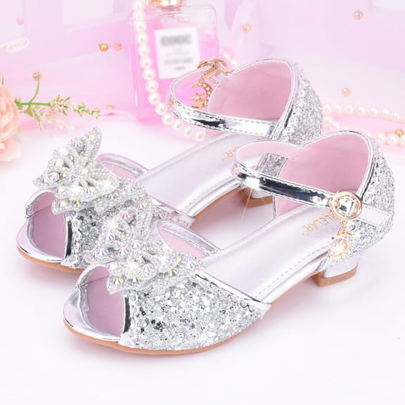 Tfken Todder Girls Sandals 2025 High-Heeled Open Toe Adjustable Ankle Strap Butterfly Decoration Comfortable Silver Sandal Size 7-8 Years
