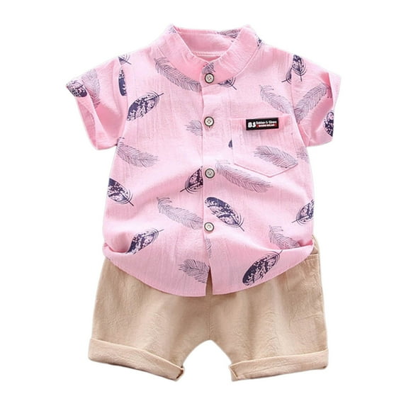Tfken Toddler Baby Boys Outfits Sets Cute Charming Lapel Neck Feather Print T-Shirts Shorts Size 2 Years-3 Years Outfit Set Pink