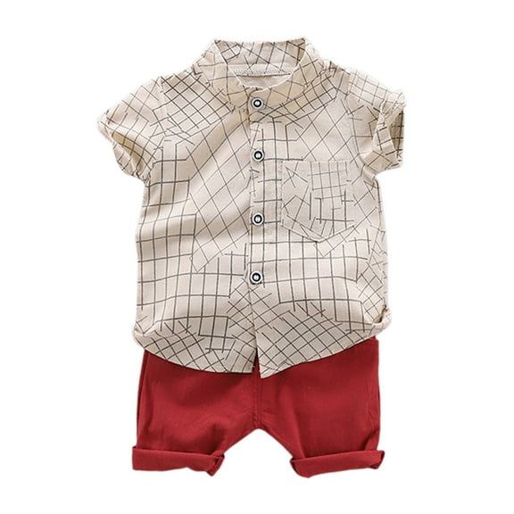 Tfken Toddler Baby Boys Outfits Sets Lapel Neck Plaid Print Casual T-Shirts Shorts Size 2 Years-3 Years Coffee Fashion Outfit Set