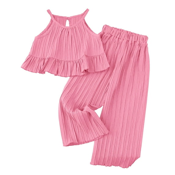 Tfken Toddler Baby Girl Outfits Sets 2 Pieces Off Shoulder Solid Color Halter Tops Wide Leg Pants Stretchy Lightweight Summer Outfit Set Size 6-7 Years Pink