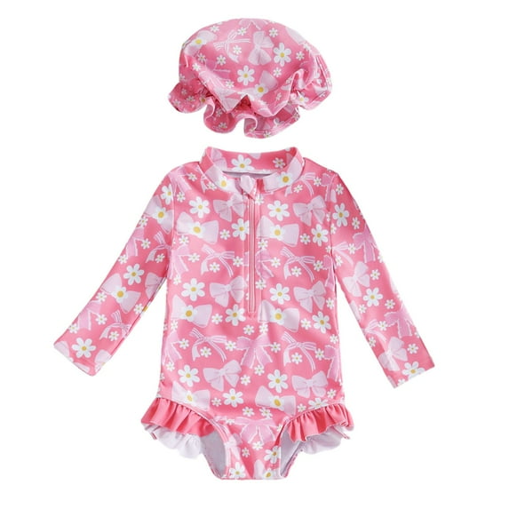 Tfken Toddler Baby Girls Swimwear High Neck Long Sleeve One-Pieces Bow Print Summer With Hat Breathable Beach Swimsuit Hot Pink Size 18-24 Months