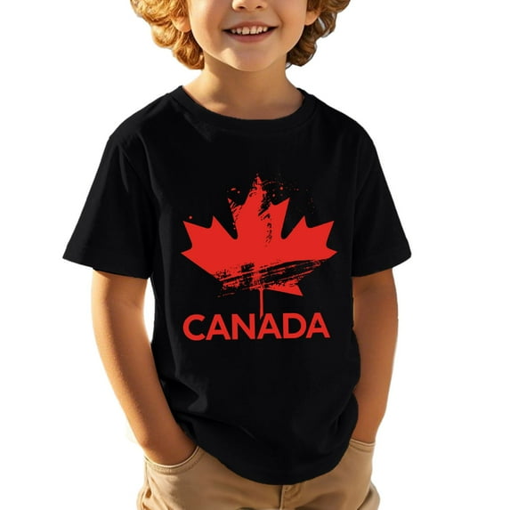 Tfken Toddler Boy Teen Canada Day Crew Neck Short Sleeve Tops Flag Print Breathable Soft Tee Black Size 3-4 Years