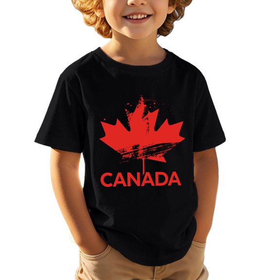 Tfken Toddler Boy Teen Canada Day Crew Neck Short Sleeve Tops Flag Print Breathable Soft Tee Black Size 4-5 Years