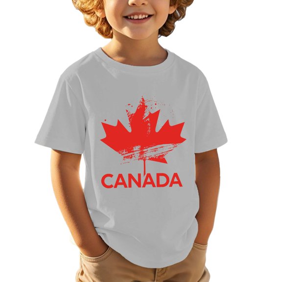 Tfken Toddler Boy Teen Canada Day Crew Neck Short Sleeve Tops Flag Print Breathable Soft Tee Light Gray Size 6-7 Years