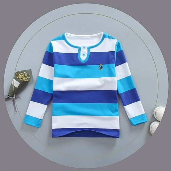 Tfken Toddler Boys Shirts Lapel Neck Long Sleeve Striped Print Tops Daily Wear Fashion Tee Sky Blue Size 2-3 Years