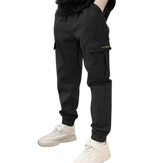Tfken Toddler Child Boys Pants Solid Color Elastic Waist Cargo Full-Length Daily Wear Fashion Trousers Black Size 8-9 Years