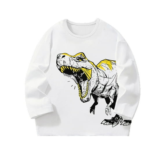 Tfken Toddler Child Boys Sweatshirt Comfortable Crew Neck Dinosaur Print Pullover Shirts Autumn White Tops Size 5-6 Years