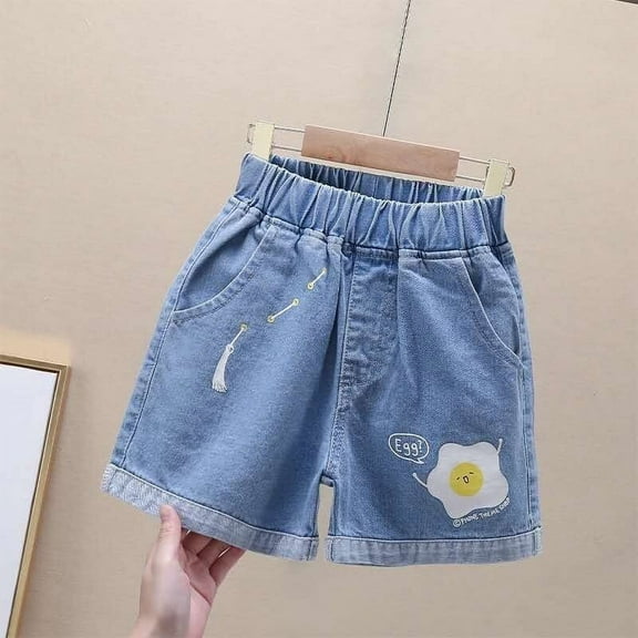 Tfken Toddler Child Girls Denim Shorts Size 13-14 Years Cartoon Print Breathable Elastic Waist Summer Light Blue Jeans Shorts