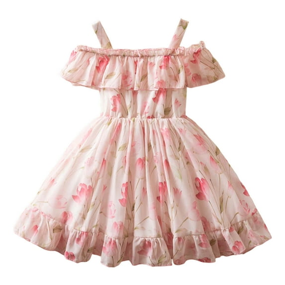 Tfken Toddler Child Girls Dress Size 2-3 Years Short Sleeve Off The Shoulder Trendy Floral Print A-Line Pink Dresses
