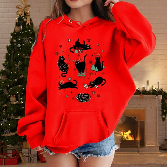 Tfken Toddler Child Girls Hoodies Hooded Long Sleeve Cat Print Tops Fall Polyester Sweatshirt Red Size 3-4 Years
