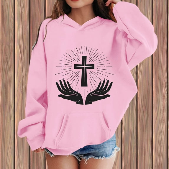 Tfken Toddler Child Girls Hoodies Summer Outdoor Sweatshirt Cross Print Long Sleeve Pink Tops Size 12-13 Years