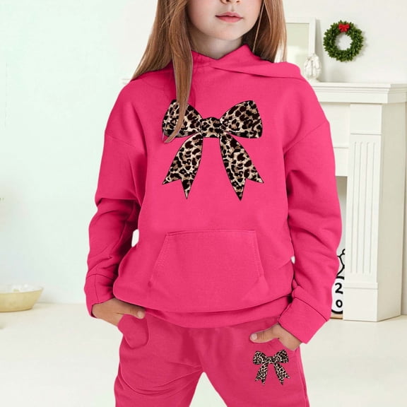 Tfken Toddler Child Girls Outfit Set Hooded Long Sleeve Bow Print Hoodies Pants Fall Outfits Sets Pink Size 10-11 Years