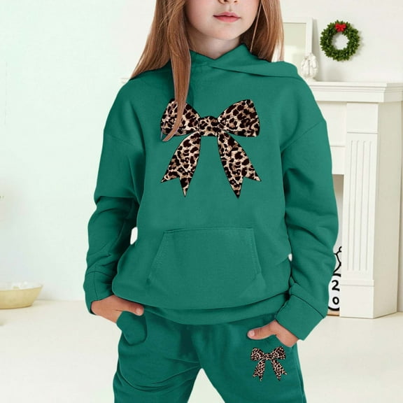 Tfken Toddler Child Girls Outfits Sets Bow Print Long Sleeve Hoodies Pants Relaxed Dark Green Outfit Set Size 3-4 Years