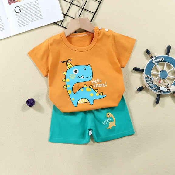Tfken Toddler Child Girls Outfits Sets Cartoon Print Short Sleeve Orange Tee Shorts Fashion Crew Neck Summer Outfit Set Size 18 Months-24 Months