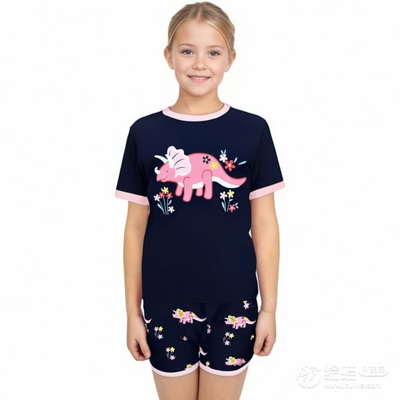 Tfken Toddler Child Girls Outfits Sets Dinosaur Print Short Sleeve T-Shirts Shorts Breathable Dark Blue Outfit Set Size 11-12 Years