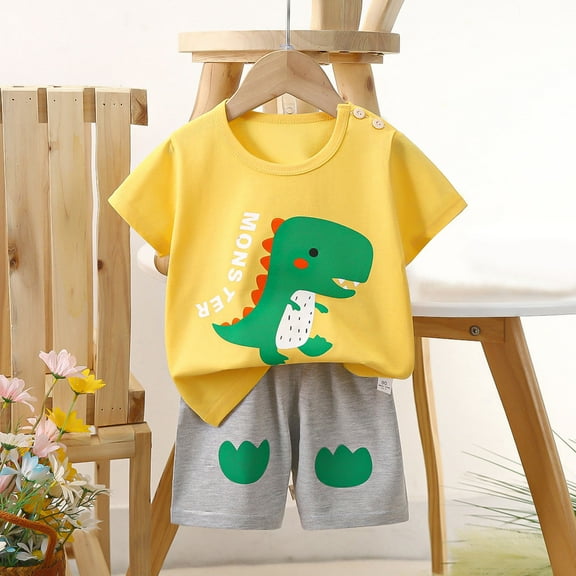 Tfken Toddler Child Girls Outfits Sets Dinosaur Print Short Sleeve Yellow T-Shirts Shorts Quick Dry Crew Neck Cute Outfit Set Size 3 Years-4 Years