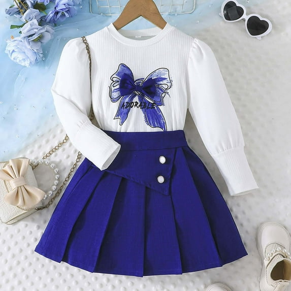Tfken Toddler Child Girls Outfits Sets Fashion Bow Print Sweater Skirt Long Sleeve Blue Outfit Set Size 3-4 Years