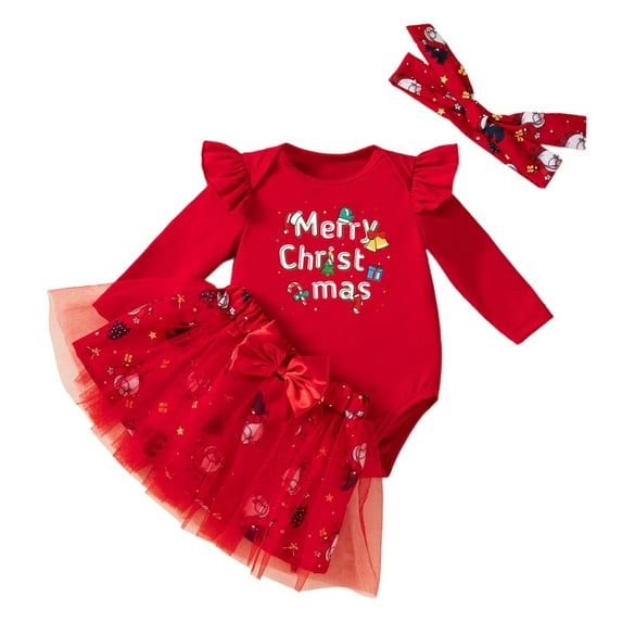 Tfken Toddler Child Girls Outfits Sets Letter Print Christmas Romper Dress Fashion Long Sleeve Crew Neck Flutter Clothing Set Red Size 3-6 Months