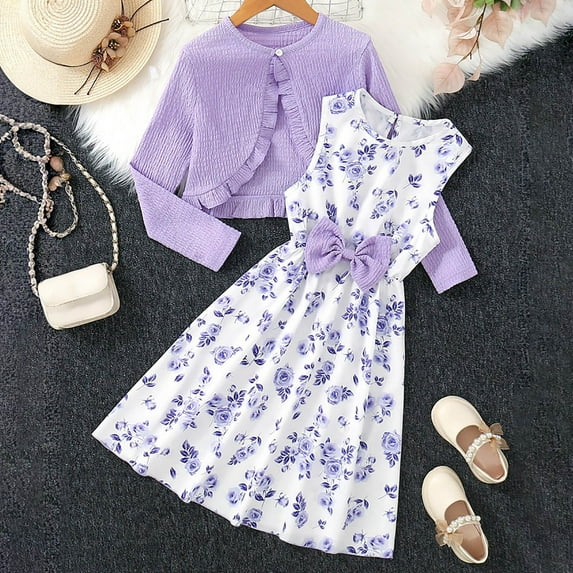 Tfken Toddler Child Girls Outfits Sets Size 13-14 Years Long Sleeve Floral Print Coat Dress Trendy Soft Purple Clothing Set