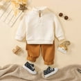 thumbnail image 1 of Tfken Toddler Child Girls Outfits Sets Comfortable Solid Color Stand Neck Striped Sweatshirt Long Pant Trendy Beige Clothing Set Size 6-12 Months, 1 of 9