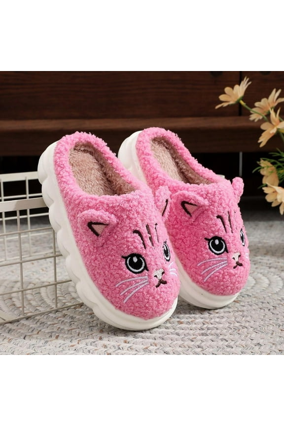 Toddler Child Girls Slippers Comfortable Cat Print Fuzzy Plush Open Heel Pink Sandal Size 11-11.5 Years