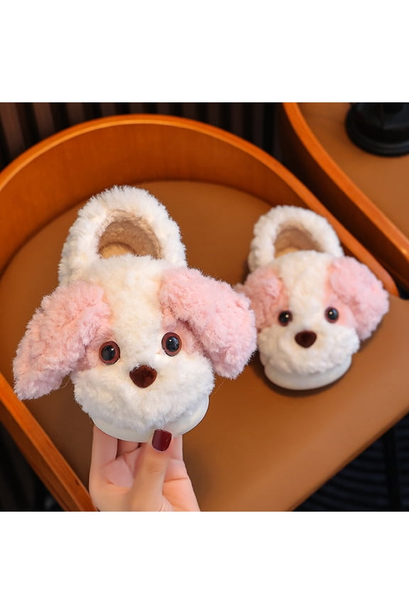 Toddler Child Girls Slippers Size 8.5-9 Years Closed Heel Dog Print Fuzzy Plush Warm Winter Pink Sandal