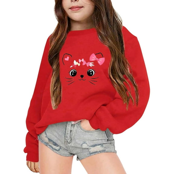 Tfken Toddler Child Girls Sweatshirt Long Sleeve Crew Neck Cat Print Pullover Shirts Fall Cushy Tops Child Size 7-8 Years