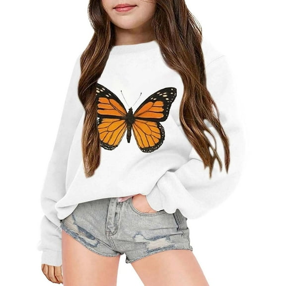 Tfken Toddler Child Girls Sweatshirt Size 3-4 Years Long Sleeve Butterfly Print Casual Comfortable Daily Wear Pullover Sweater White Tops