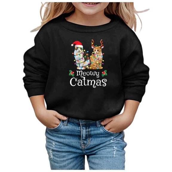 Tfken Toddler Child Girls Sweatshirt Size 4-5 Years Long Sleeve Crew Neck Cat Print Trendy Tops Spring Black Pullover Sweater