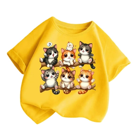 Tfken Toddler Child Girls T-Shirts Crew Neck Short Sleeve Tops Cat Print Summer Comfortable Tee Yellow Size 8-10 Years