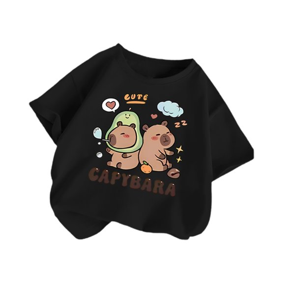 Tfken Toddler Child Girls T-Shirts Fashion Trendy Capybara Print Short Sleeve Tops Black Tee Size 11-12 Years