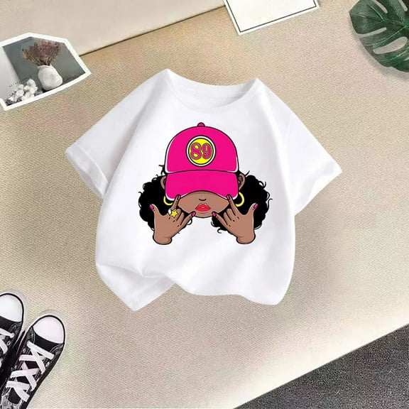 Tfken Toddler Child Girls Tee Size 3-4 Years Cartoon Print Short Sleeve Tops Fashion Crew Neck White T-Shirts