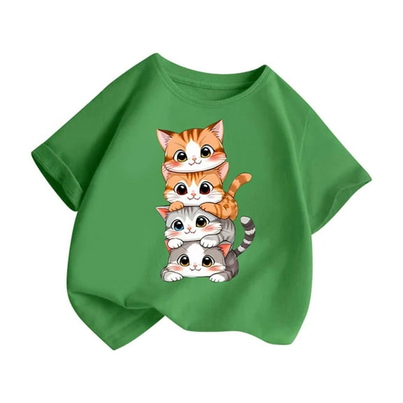 Tfken Toddler Child Girls Tops 2025 Crew Neck Short Sleeve Tee Cute Cat Print Green T-Shirts Size 11-12 Years