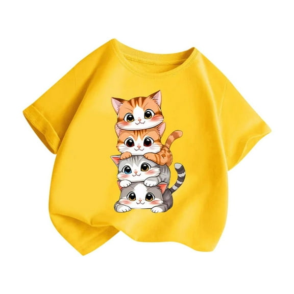 Tfken Toddler Child Girls Tops Crew Neck Short Sleeve Cat Print Tee Summer Comfortable T-Shirts Yellow Size 9-10 Years