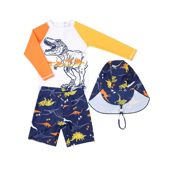 Tfken Toddler Children Boy Swimwear Crew Neck Long Sleeve Swimsuits Dinosaur Print Summer Becah Charming Bathing Suit Orange Size 5-6 Years