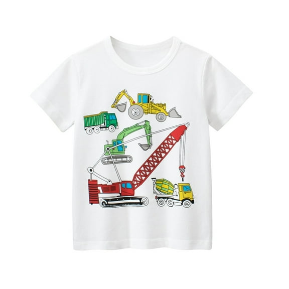 Tfken Toddler Children Boys Tops Crew Neck Short Sleeve Construction Truck Print T-Shirts Summer Soft Breathable Tee White Size 18-24 Months
